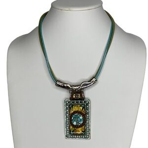 Gorgeous Blue Gemstone & Silver Tone Rectangular Pendant on Choker Necklace